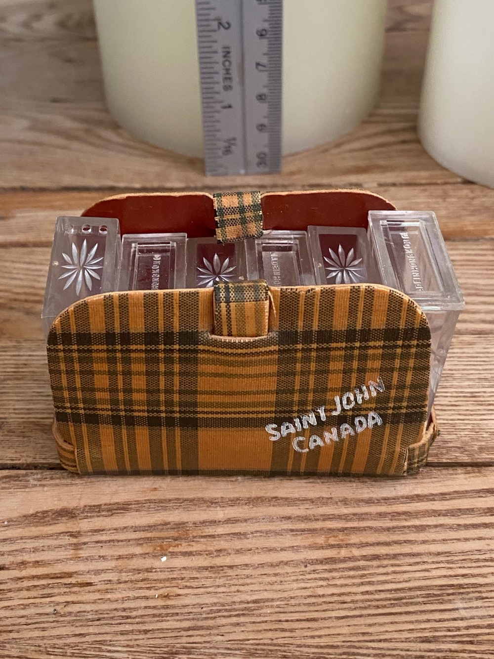 Vtg Saint John Canada Plaid Travel Salt & Pepper Set 6 Mini Shakers Zellers Tag